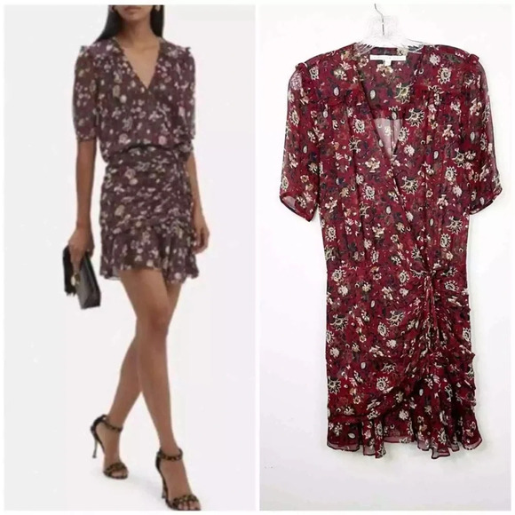 VERONICA BEARD Floral Bordeaux Dakota Ruched Silk Mini Dress Burgundy Size 2 - Picture 1 of 5